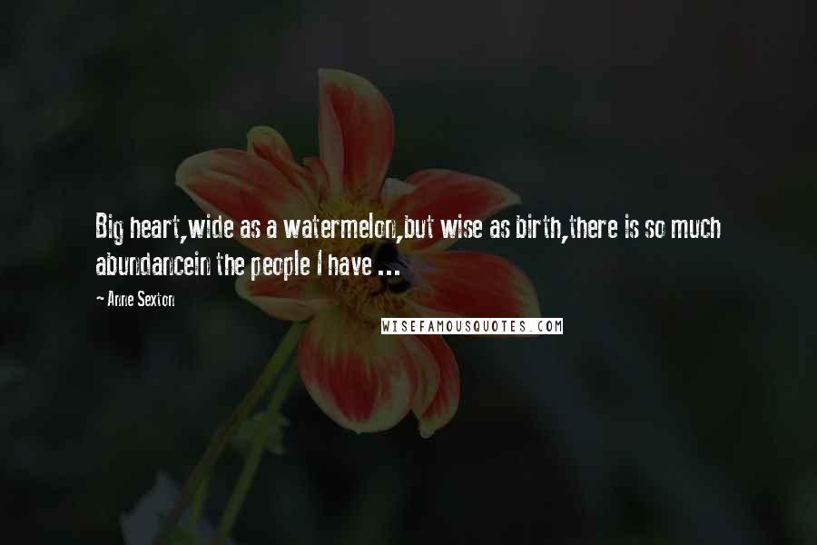 Anne Sexton Quotes: Big heart,wide as a watermelon,but wise as birth,there is so much abundancein the people I have ...