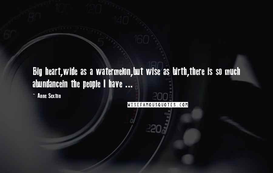 Anne Sexton Quotes: Big heart,wide as a watermelon,but wise as birth,there is so much abundancein the people I have ...