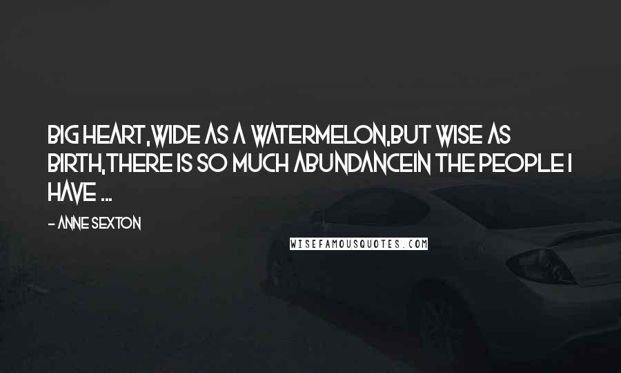 Anne Sexton Quotes: Big heart,wide as a watermelon,but wise as birth,there is so much abundancein the people I have ...