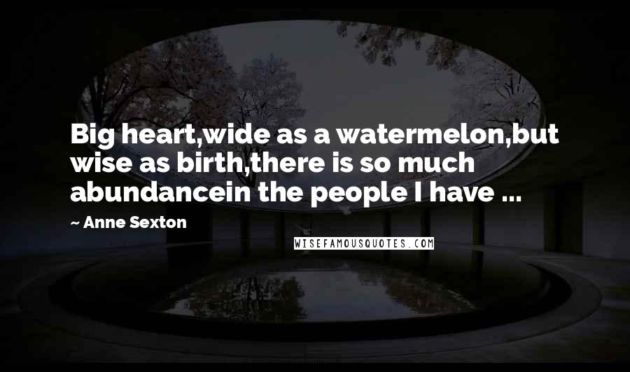 Anne Sexton Quotes: Big heart,wide as a watermelon,but wise as birth,there is so much abundancein the people I have ...