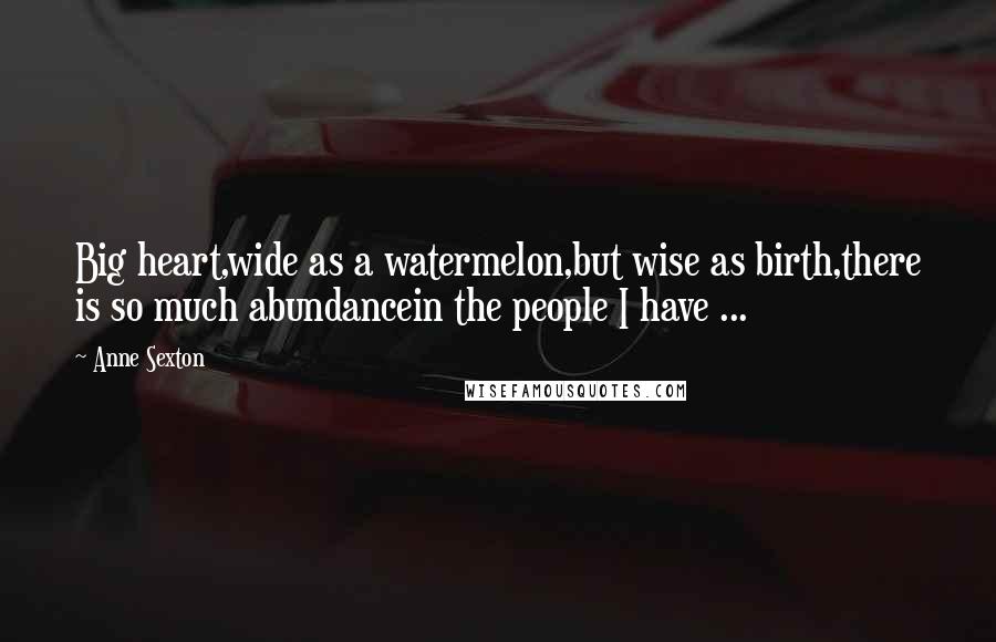 Anne Sexton Quotes: Big heart,wide as a watermelon,but wise as birth,there is so much abundancein the people I have ...