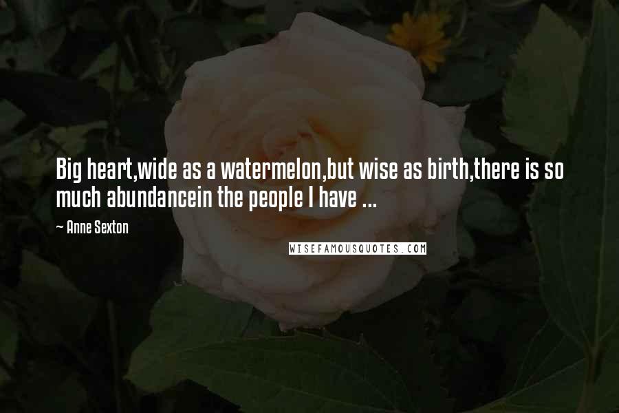 Anne Sexton Quotes: Big heart,wide as a watermelon,but wise as birth,there is so much abundancein the people I have ...