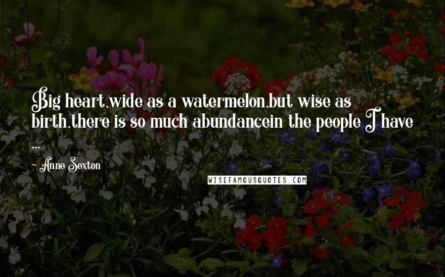 Anne Sexton Quotes: Big heart,wide as a watermelon,but wise as birth,there is so much abundancein the people I have ...