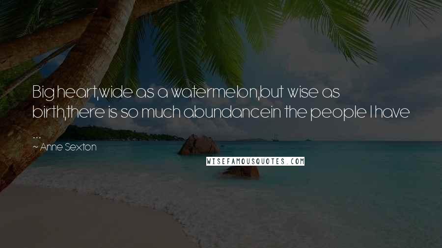 Anne Sexton Quotes: Big heart,wide as a watermelon,but wise as birth,there is so much abundancein the people I have ...