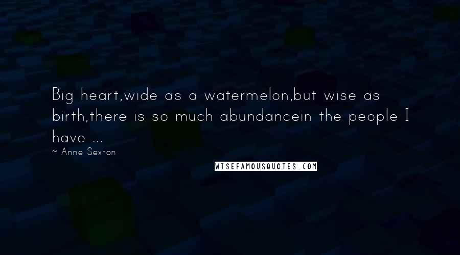 Anne Sexton Quotes: Big heart,wide as a watermelon,but wise as birth,there is so much abundancein the people I have ...