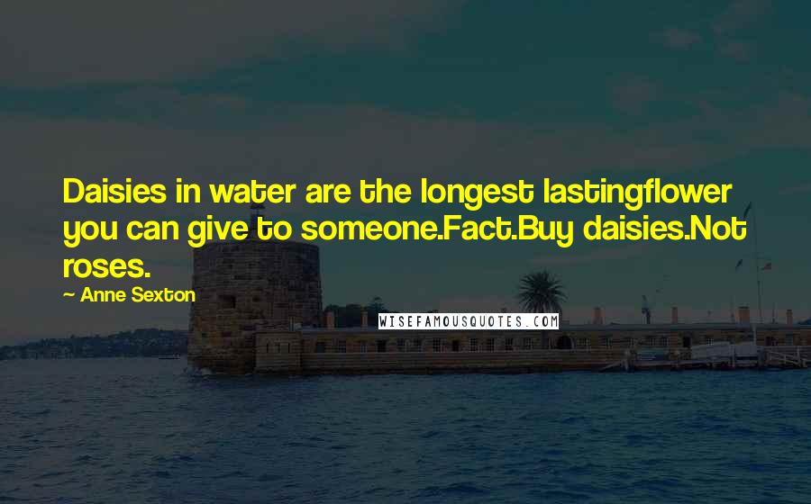 Anne Sexton Quotes: Daisies in water are the longest lastingflower you can give to someone.Fact.Buy daisies.Not roses.
