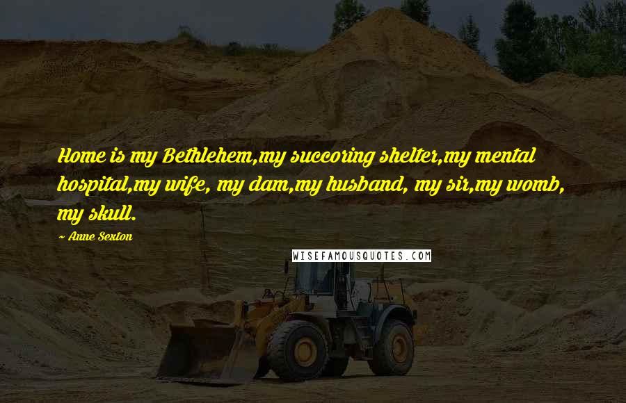 Anne Sexton Quotes: Home is my Bethlehem,my succoring shelter,my mental hospital,my wife, my dam,my husband, my sir,my womb, my skull.