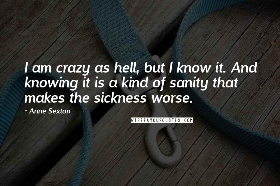 Anne Sexton Quotes: I am crazy as hell, but I know it. And knowing it is a kind of sanity that makes the sickness worse.