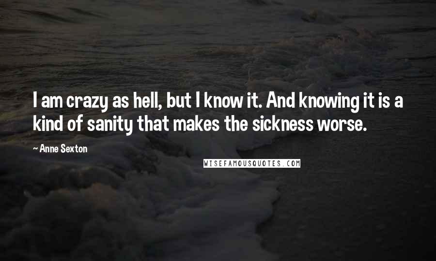 Anne Sexton Quotes: I am crazy as hell, but I know it. And knowing it is a kind of sanity that makes the sickness worse.