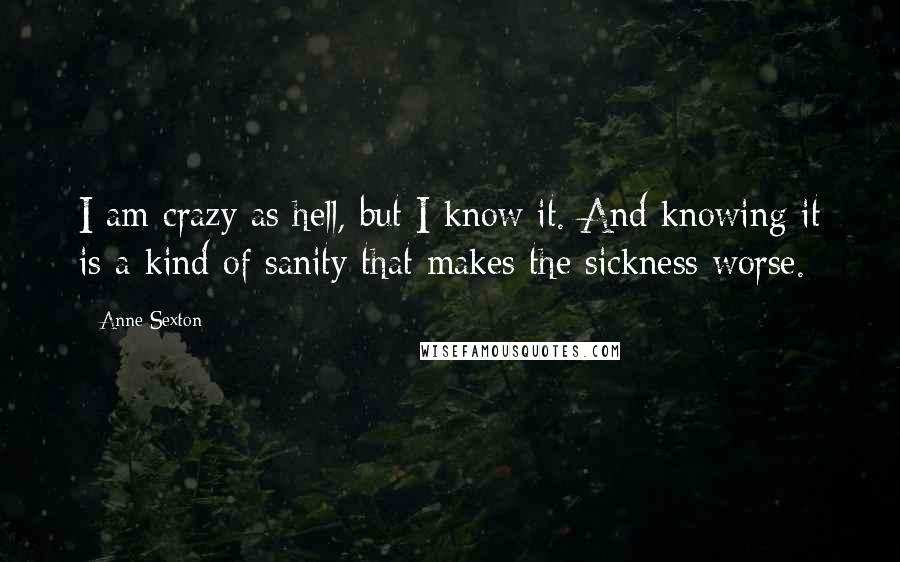 Anne Sexton Quotes: I am crazy as hell, but I know it. And knowing it is a kind of sanity that makes the sickness worse.