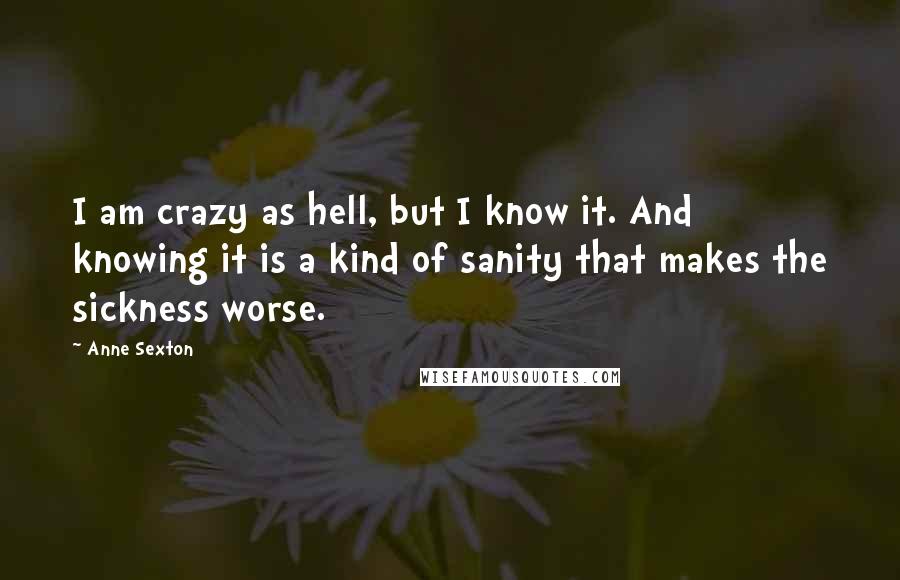 Anne Sexton Quotes: I am crazy as hell, but I know it. And knowing it is a kind of sanity that makes the sickness worse.