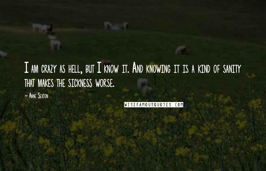 Anne Sexton Quotes: I am crazy as hell, but I know it. And knowing it is a kind of sanity that makes the sickness worse.