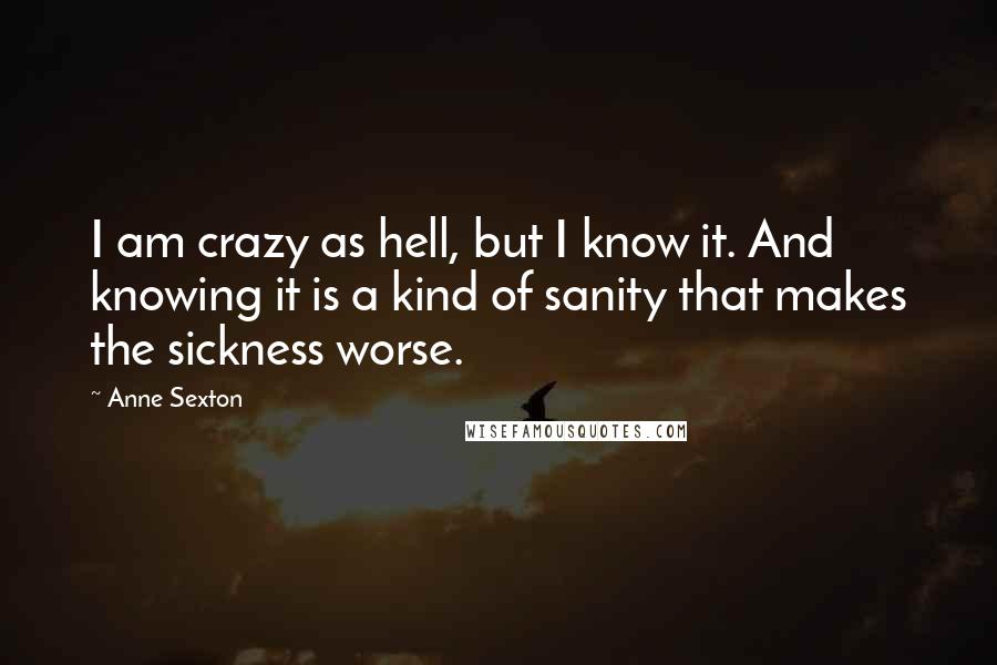 Anne Sexton Quotes: I am crazy as hell, but I know it. And knowing it is a kind of sanity that makes the sickness worse.