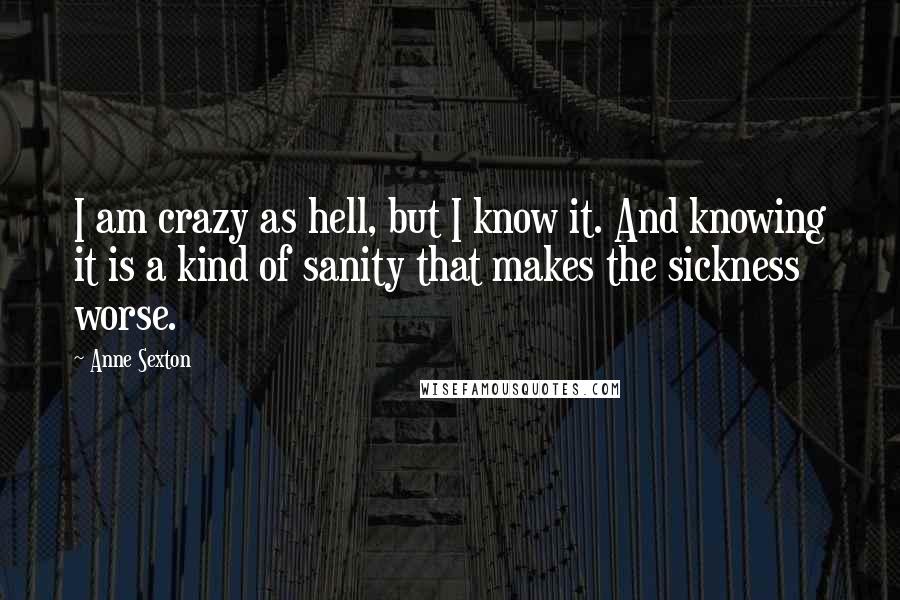 Anne Sexton Quotes: I am crazy as hell, but I know it. And knowing it is a kind of sanity that makes the sickness worse.