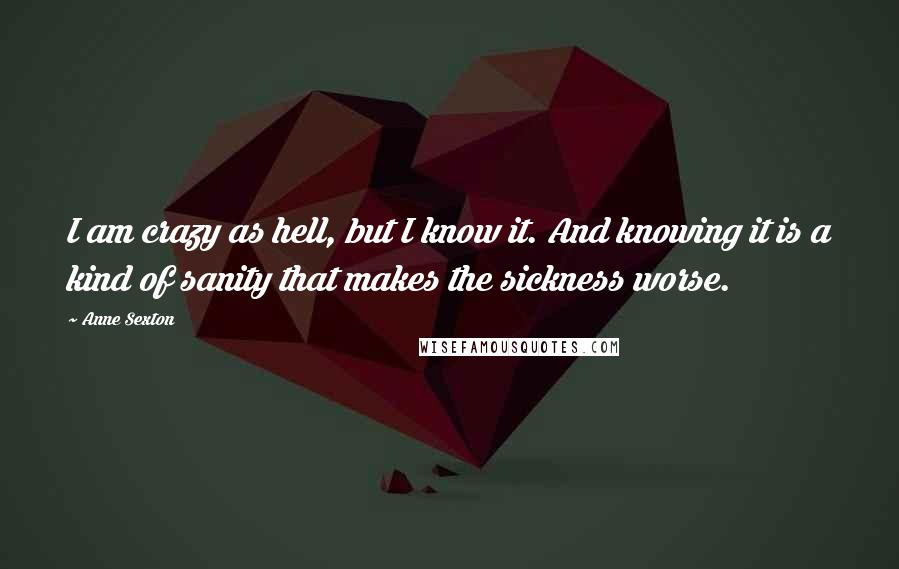 Anne Sexton Quotes: I am crazy as hell, but I know it. And knowing it is a kind of sanity that makes the sickness worse.