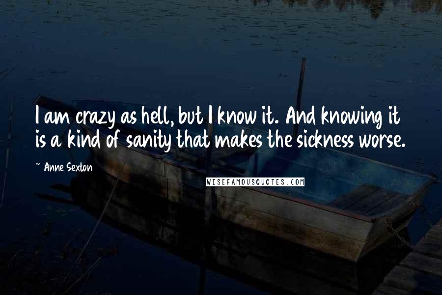 Anne Sexton Quotes: I am crazy as hell, but I know it. And knowing it is a kind of sanity that makes the sickness worse.