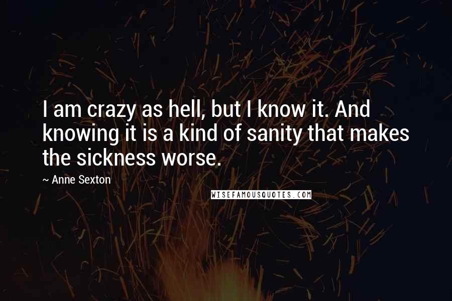 Anne Sexton Quotes: I am crazy as hell, but I know it. And knowing it is a kind of sanity that makes the sickness worse.