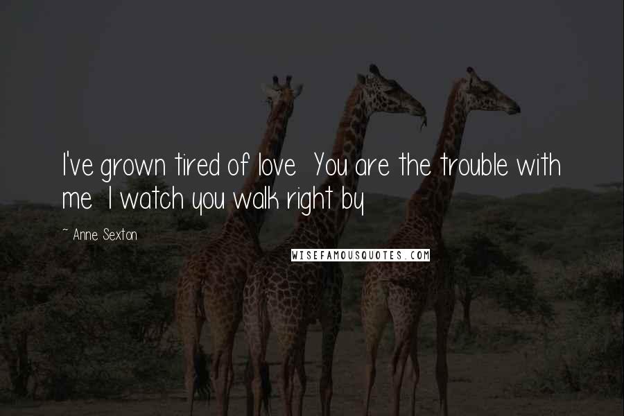 Anne Sexton Quotes: I've grown tired of love  You are the trouble with me  I watch you walk right by