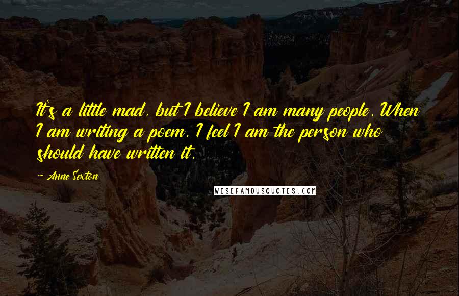 Anne Sexton Quotes: It's a little mad, but I believe I am many people. When I am writing a poem, I feel I am the person who should have written it.