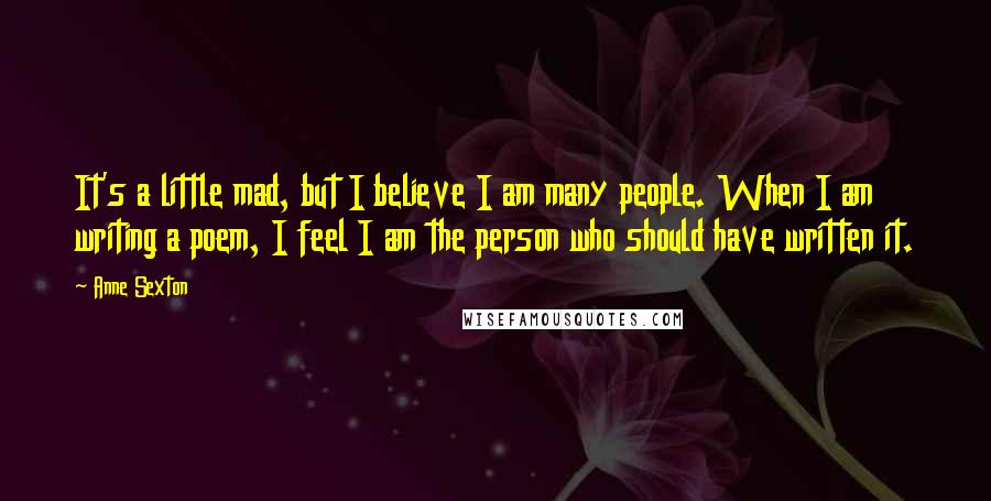 Anne Sexton Quotes: It's a little mad, but I believe I am many people. When I am writing a poem, I feel I am the person who should have written it.