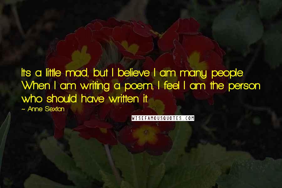 Anne Sexton Quotes: It's a little mad, but I believe I am many people. When I am writing a poem, I feel I am the person who should have written it.