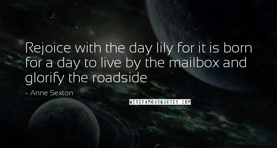 Anne Sexton Quotes: Rejoice with the day lily for it is born for a day to live by the mailbox and glorify the roadside
