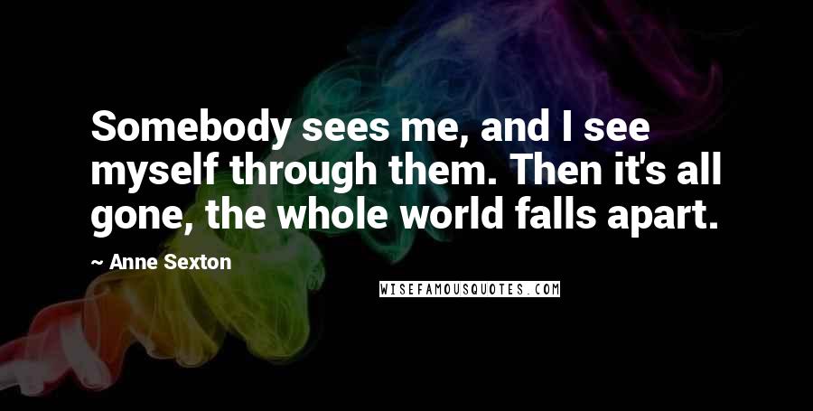 Anne Sexton Quotes: Somebody sees me, and I see myself through them. Then it's all gone, the whole world falls apart.
