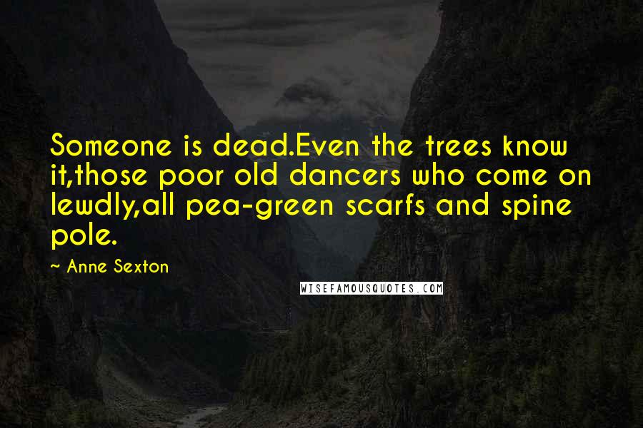 Anne Sexton Quotes: Someone is dead.Even the trees know it,those poor old dancers who come on lewdly,all pea-green scarfs and spine pole.