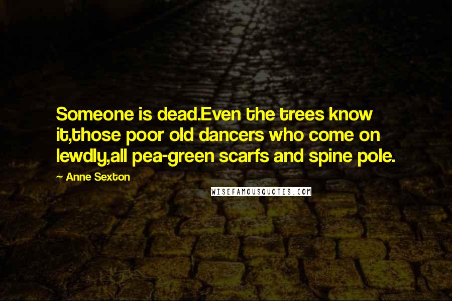 Anne Sexton Quotes: Someone is dead.Even the trees know it,those poor old dancers who come on lewdly,all pea-green scarfs and spine pole.