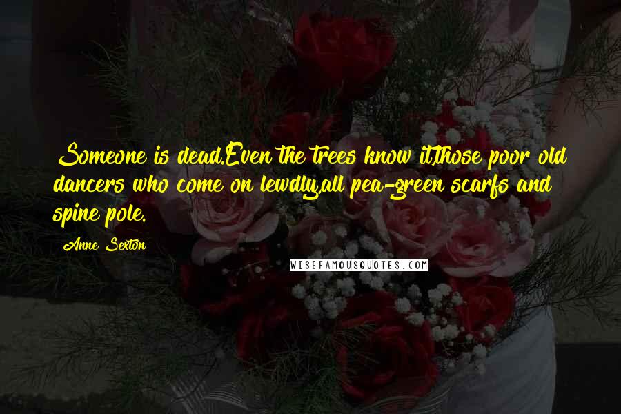 Anne Sexton Quotes: Someone is dead.Even the trees know it,those poor old dancers who come on lewdly,all pea-green scarfs and spine pole.