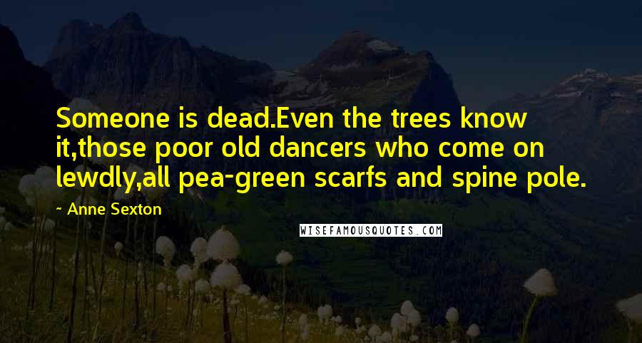 Anne Sexton Quotes: Someone is dead.Even the trees know it,those poor old dancers who come on lewdly,all pea-green scarfs and spine pole.