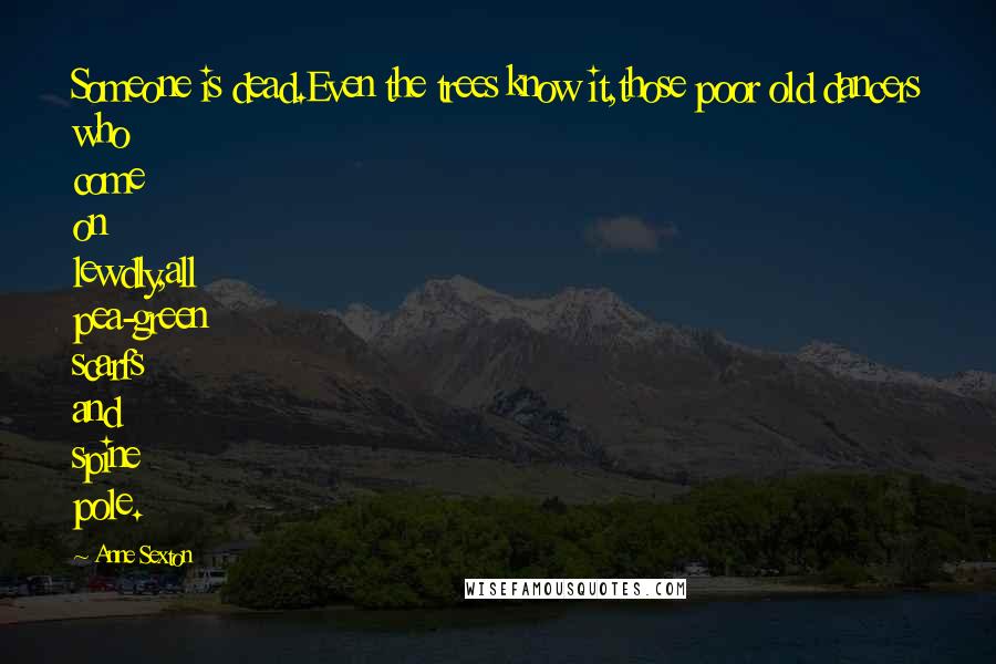 Anne Sexton Quotes: Someone is dead.Even the trees know it,those poor old dancers who come on lewdly,all pea-green scarfs and spine pole.