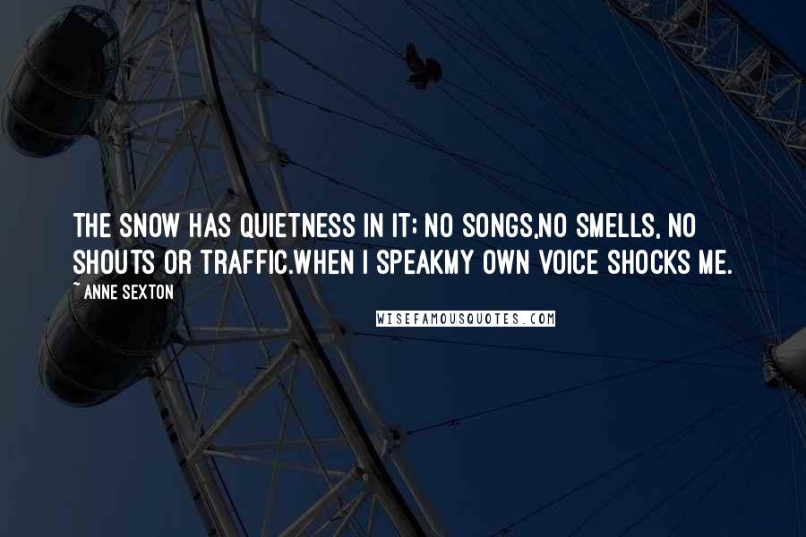 Anne Sexton Quotes: The snow has quietness in it; no songs,no smells, no shouts or traffic.When I speakmy own voice shocks me.