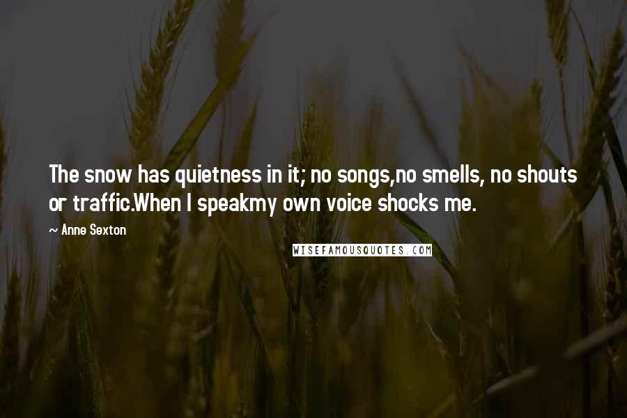 Anne Sexton Quotes: The snow has quietness in it; no songs,no smells, no shouts or traffic.When I speakmy own voice shocks me.