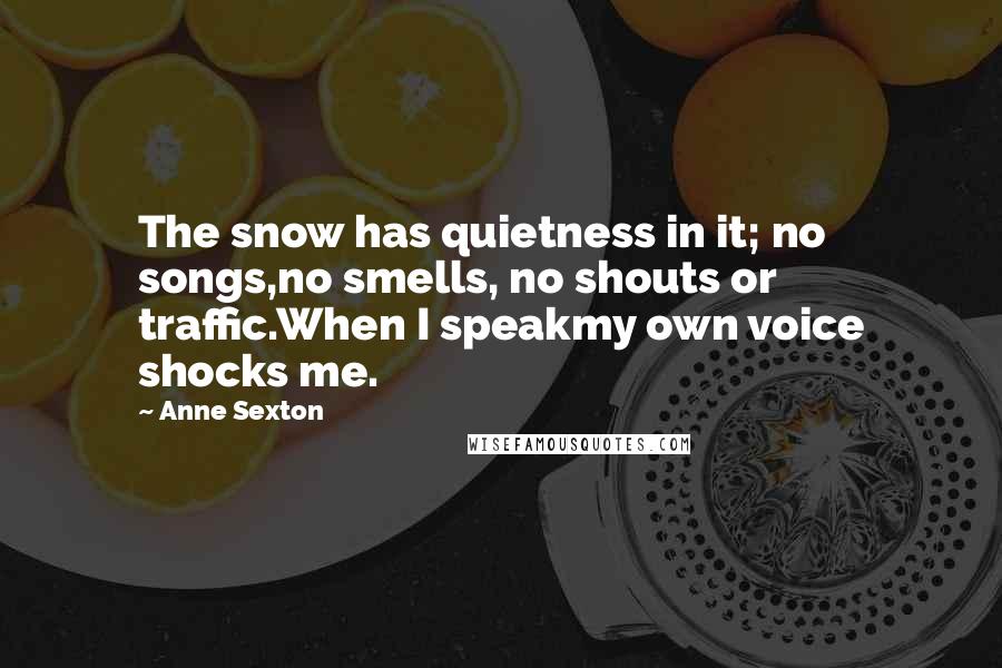 Anne Sexton Quotes: The snow has quietness in it; no songs,no smells, no shouts or traffic.When I speakmy own voice shocks me.