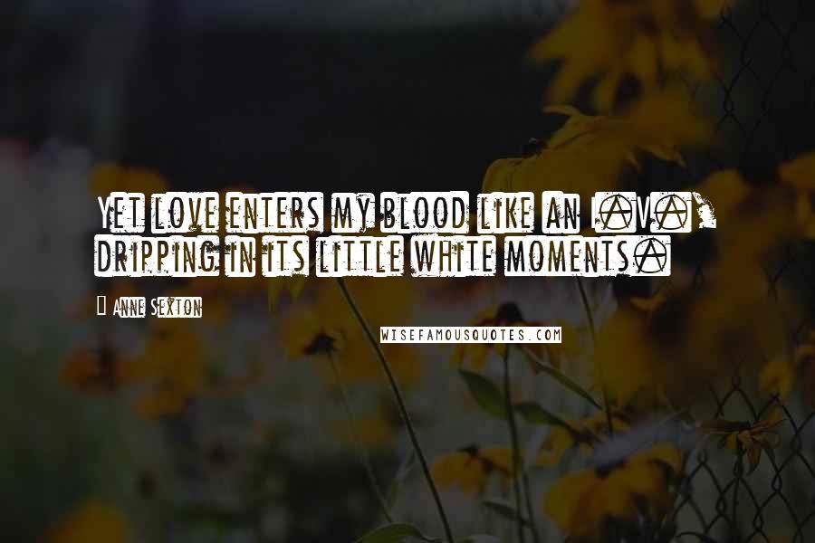 Anne Sexton Quotes: Yet love enters my blood like an I.V., dripping in its little white moments.