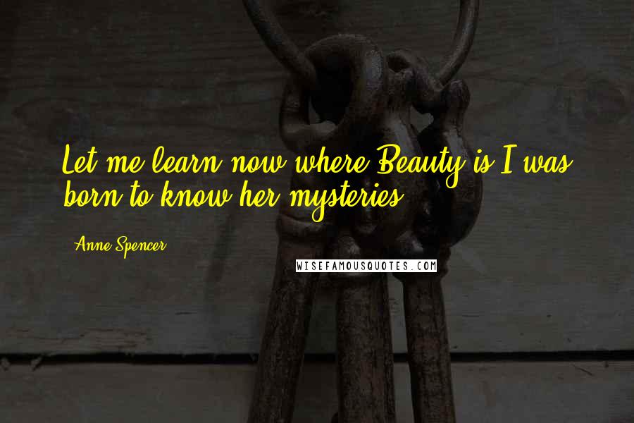 Anne Spencer Quotes: Let me learn now where Beauty is;I was born to know her mysteries ...
