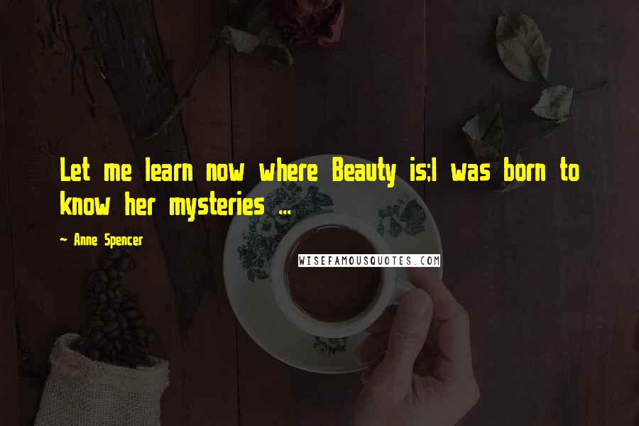 Anne Spencer Quotes: Let me learn now where Beauty is;I was born to know her mysteries ...