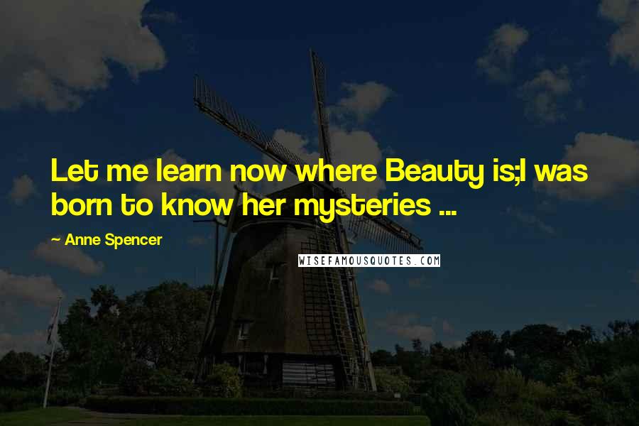 Anne Spencer Quotes: Let me learn now where Beauty is;I was born to know her mysteries ...