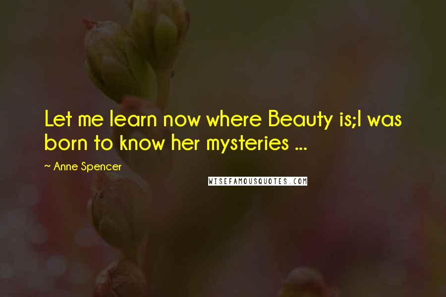 Anne Spencer Quotes: Let me learn now where Beauty is;I was born to know her mysteries ...
