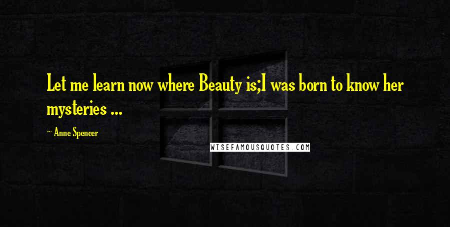 Anne Spencer Quotes: Let me learn now where Beauty is;I was born to know her mysteries ...