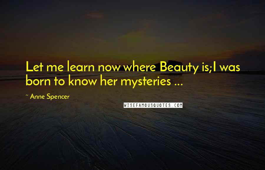 Anne Spencer Quotes: Let me learn now where Beauty is;I was born to know her mysteries ...