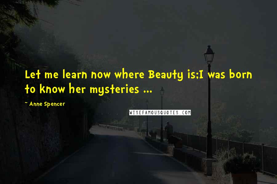 Anne Spencer Quotes: Let me learn now where Beauty is;I was born to know her mysteries ...