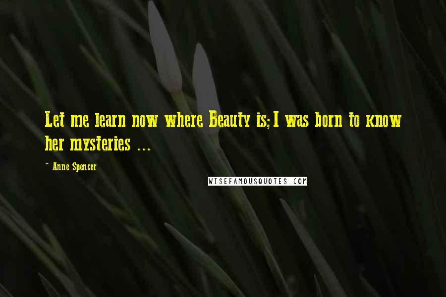 Anne Spencer Quotes: Let me learn now where Beauty is;I was born to know her mysteries ...