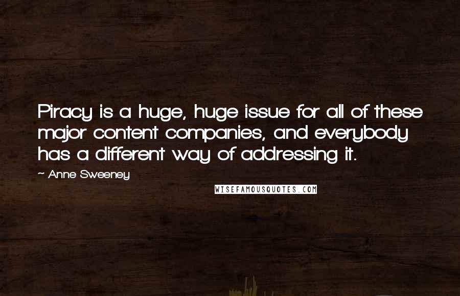 Anne Sweeney Quotes: Piracy is a huge, huge issue for all of these major content companies, and everybody has a different way of addressing it.