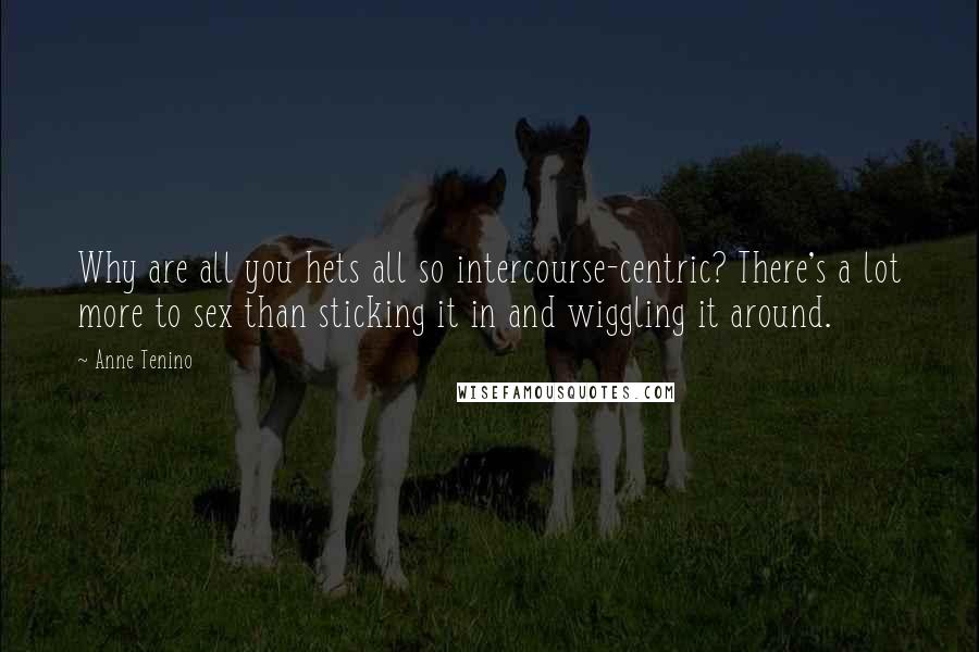 Anne Tenino Quotes: Why are all you hets all so intercourse-centric? There's a lot more to sex than sticking it in and wiggling it around.