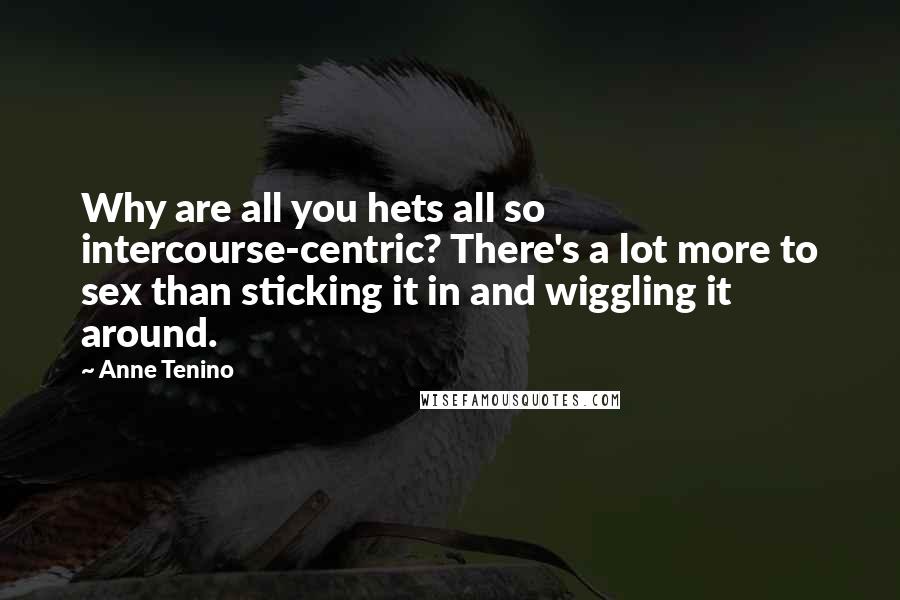 Anne Tenino Quotes: Why are all you hets all so intercourse-centric? There's a lot more to sex than sticking it in and wiggling it around.