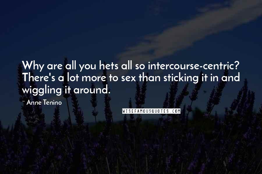 Anne Tenino Quotes: Why are all you hets all so intercourse-centric? There's a lot more to sex than sticking it in and wiggling it around.