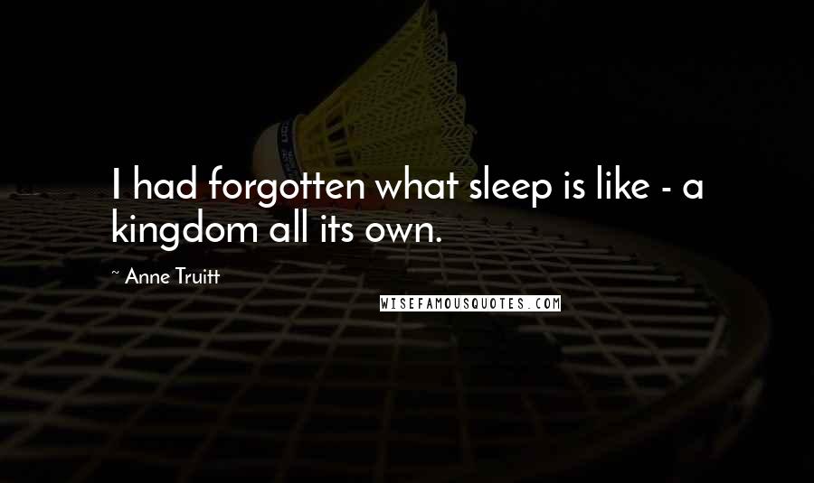 Anne Truitt Quotes: I had forgotten what sleep is like - a kingdom all its own.