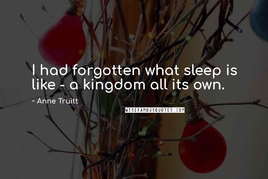 Anne Truitt Quotes: I had forgotten what sleep is like - a kingdom all its own.